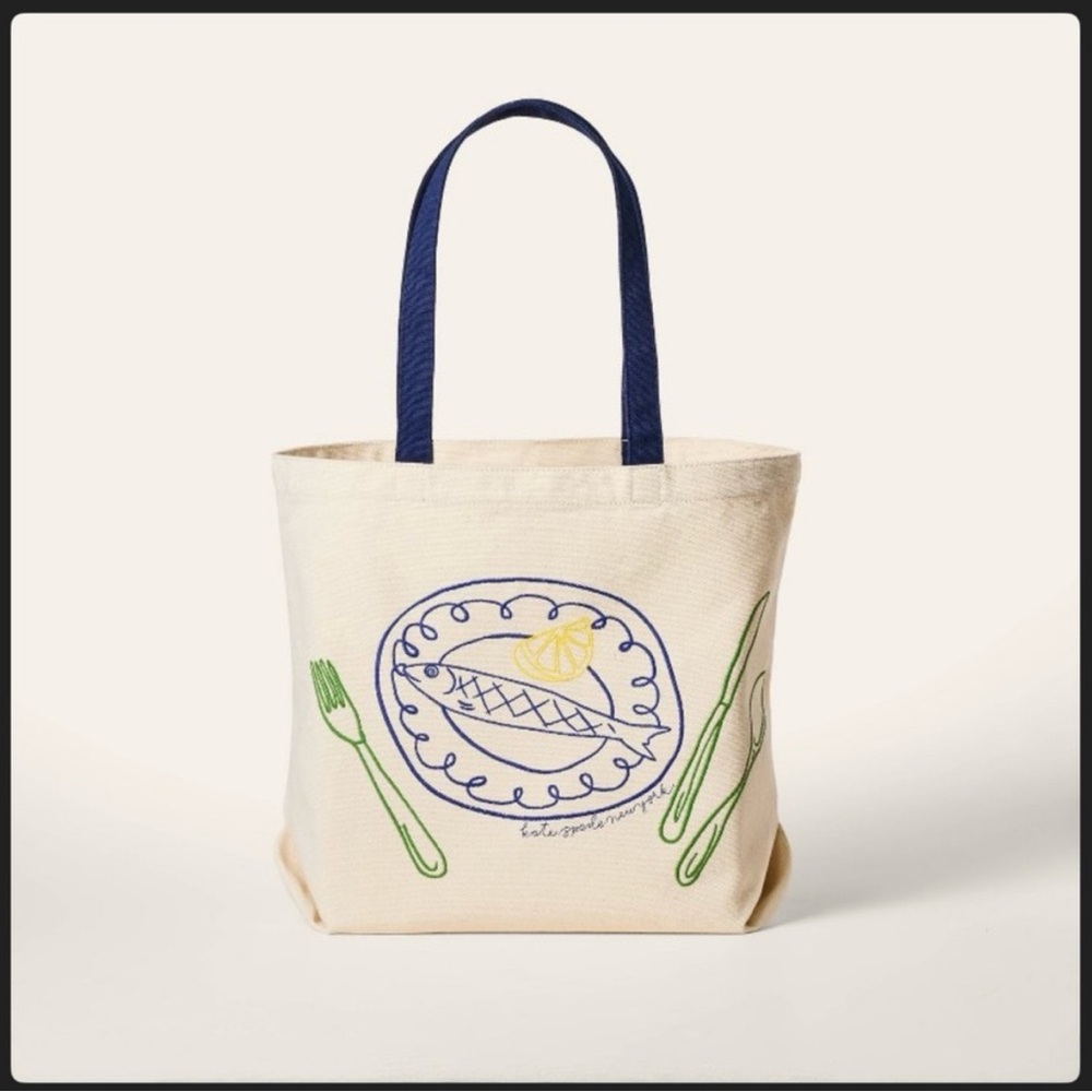 Kate Spade Cream Canvas Tote with Blue Handles